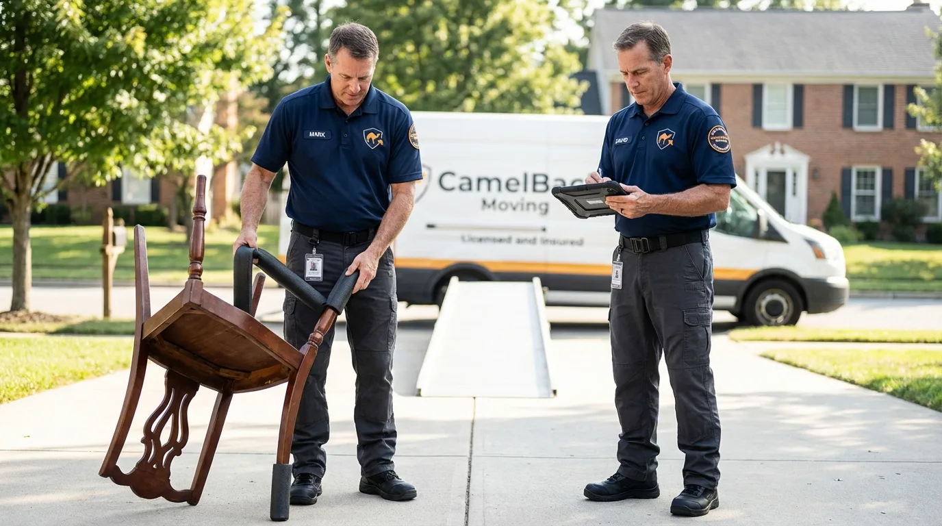 Movers inspecting furniture for damage prevention before loading in Dayton, NV