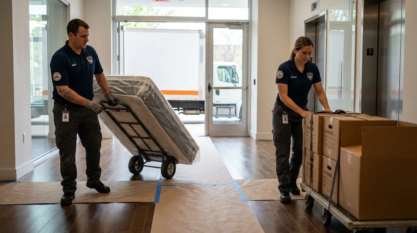 Professional apartment movers loading elevator in Dayton, NV