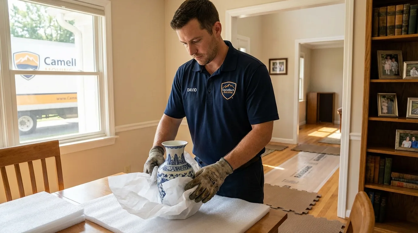 Professional crew carefully wrapping antique vase for senior downsizing move in Dayton, NV